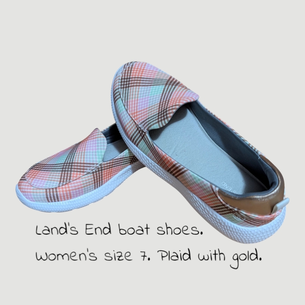 Lands' End Women's Pink, Rose & Green Plaid Boat Shoes With Gold Accent Size 7B